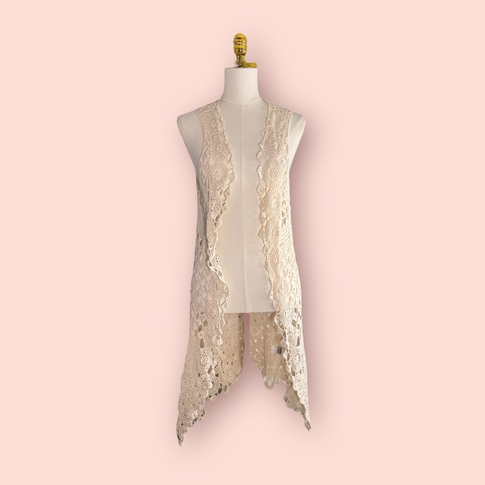 Fashion Nova Beige Lace Open-Front Vest